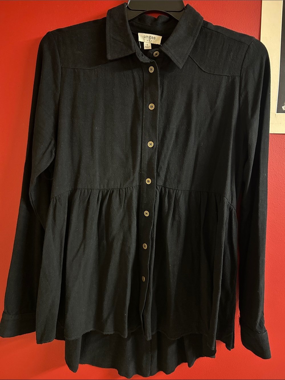 Umgee Black Button-Front Linen Peplum Blouse hi-low size small